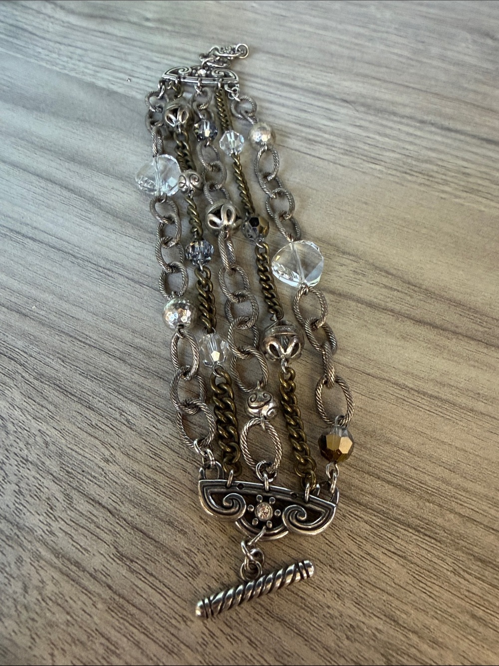 Brighton Silver-Tone Multi-Chain Bracelet with Clear and Gold Accent Beads